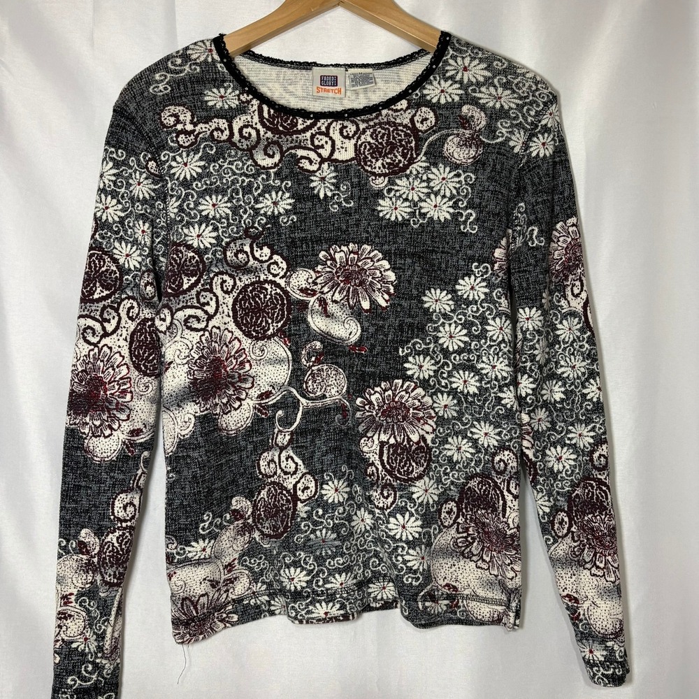 Vintage Faded Glory Waffle Knit Floral Top Black White Burgundy Rhinestone M